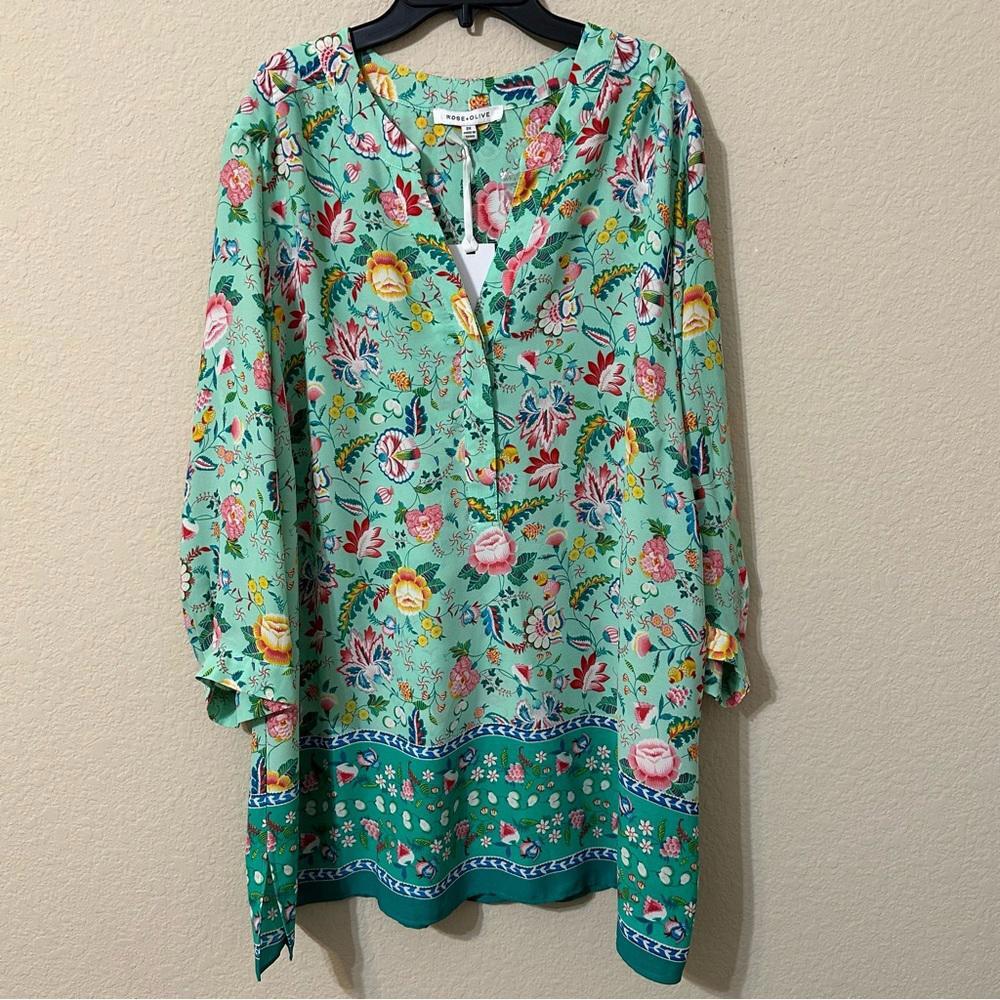 Rose + Olive Top Aqua Floral Long Sleeve Caftan V-Neck Plus Size Blouse NWT